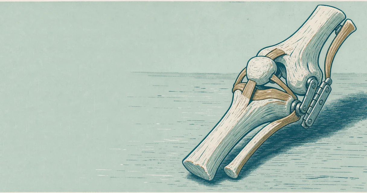 An articulated knee teaching model bent on a pale teal work surface