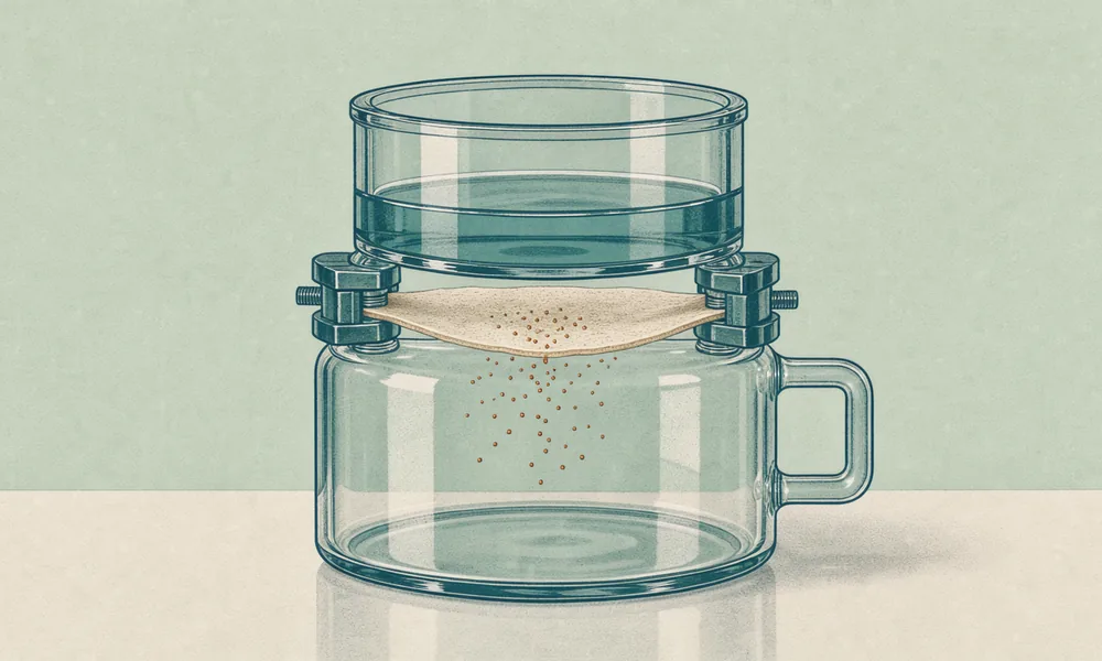 A glass skin diffusion cell holding a thin membrane above a clear receiving chamber