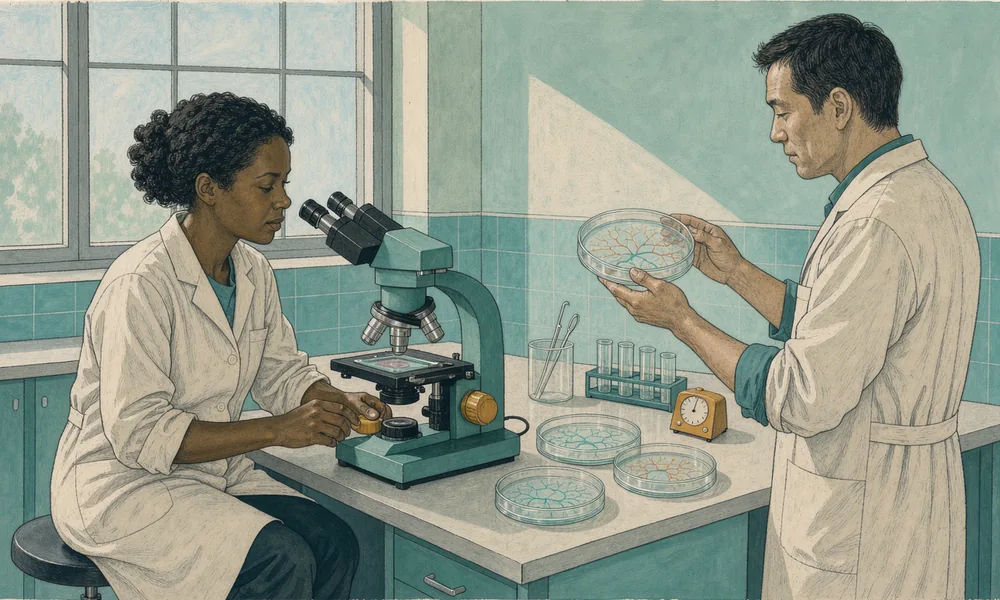 Two laboratory technicians examining a culture dish at a bright endothelial cell workbench